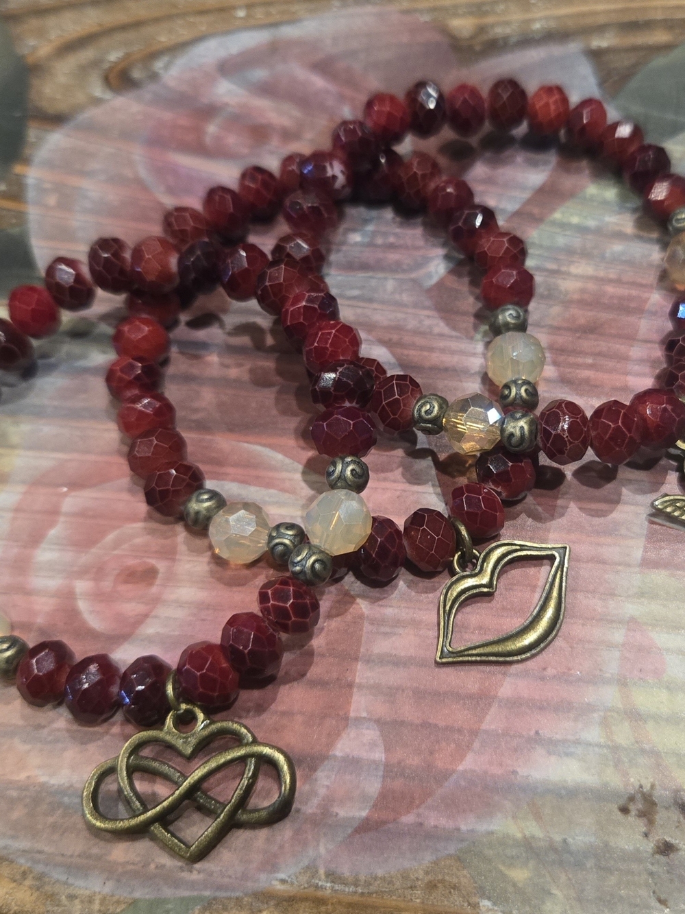 Red Beaded Stretch Bracelet Set with Antique Gold Charms